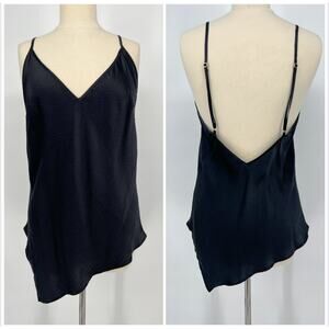 Lakris Silk Cami Top Womens Large Textured Black Asymmetric Spaghetti Straps USA